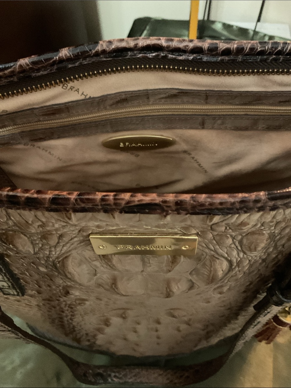 Brahmin Asher Taupe Croc-Embossed Tote with Dark Brown Trim and Gold Accents - Picture 11 of 12
